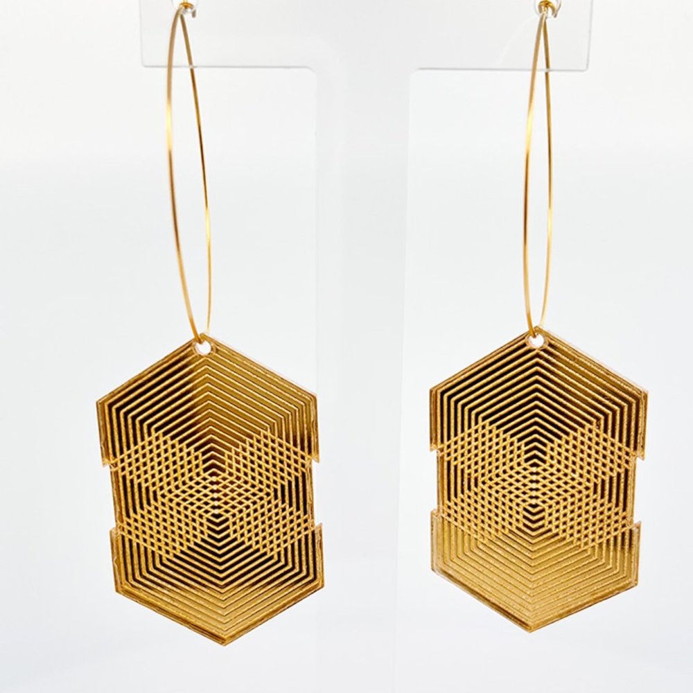 Gold Acrylic Geometric hanging earrings with a large rings.